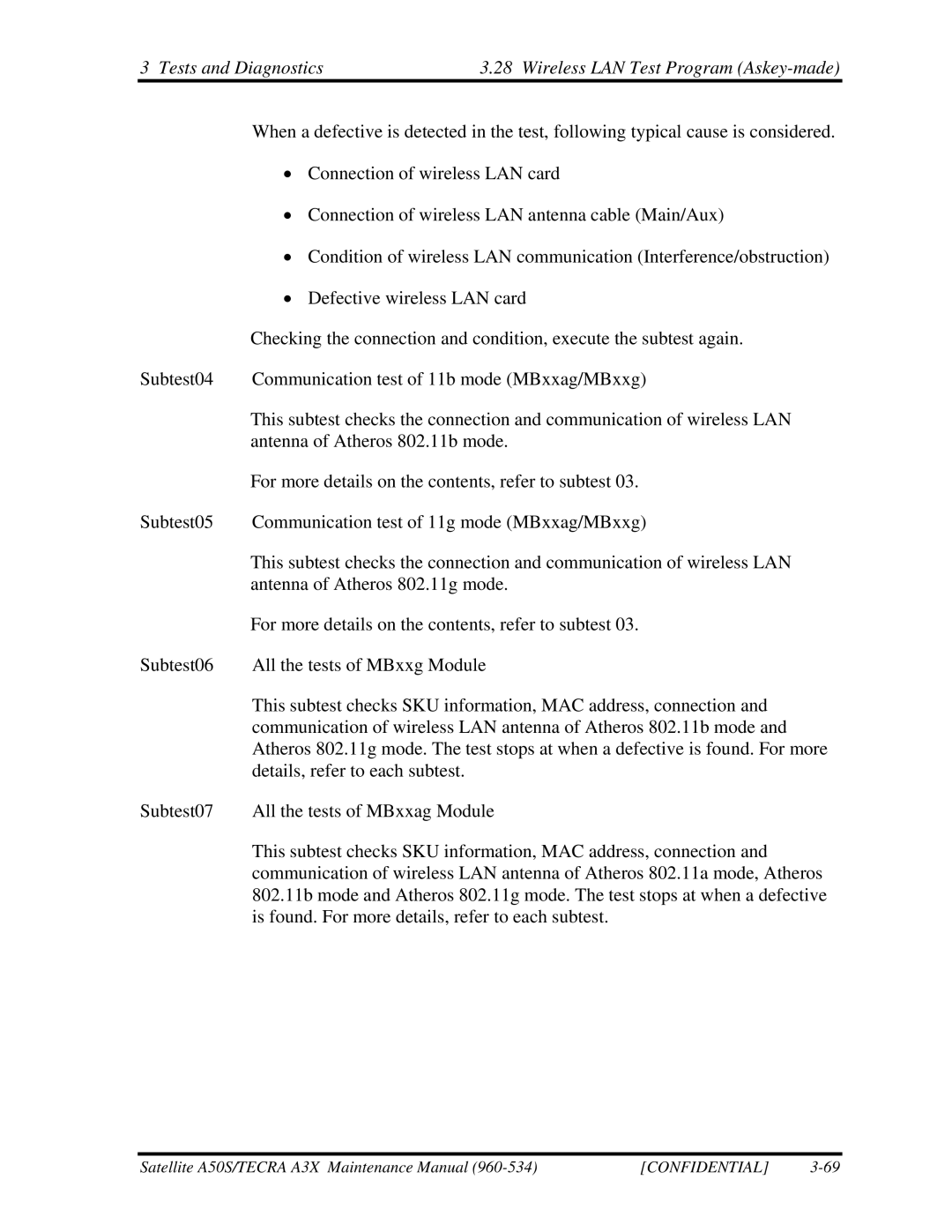 Toshiba A3X manual Tests and Diagnostics Wireless LAN Test Program Askey-made 