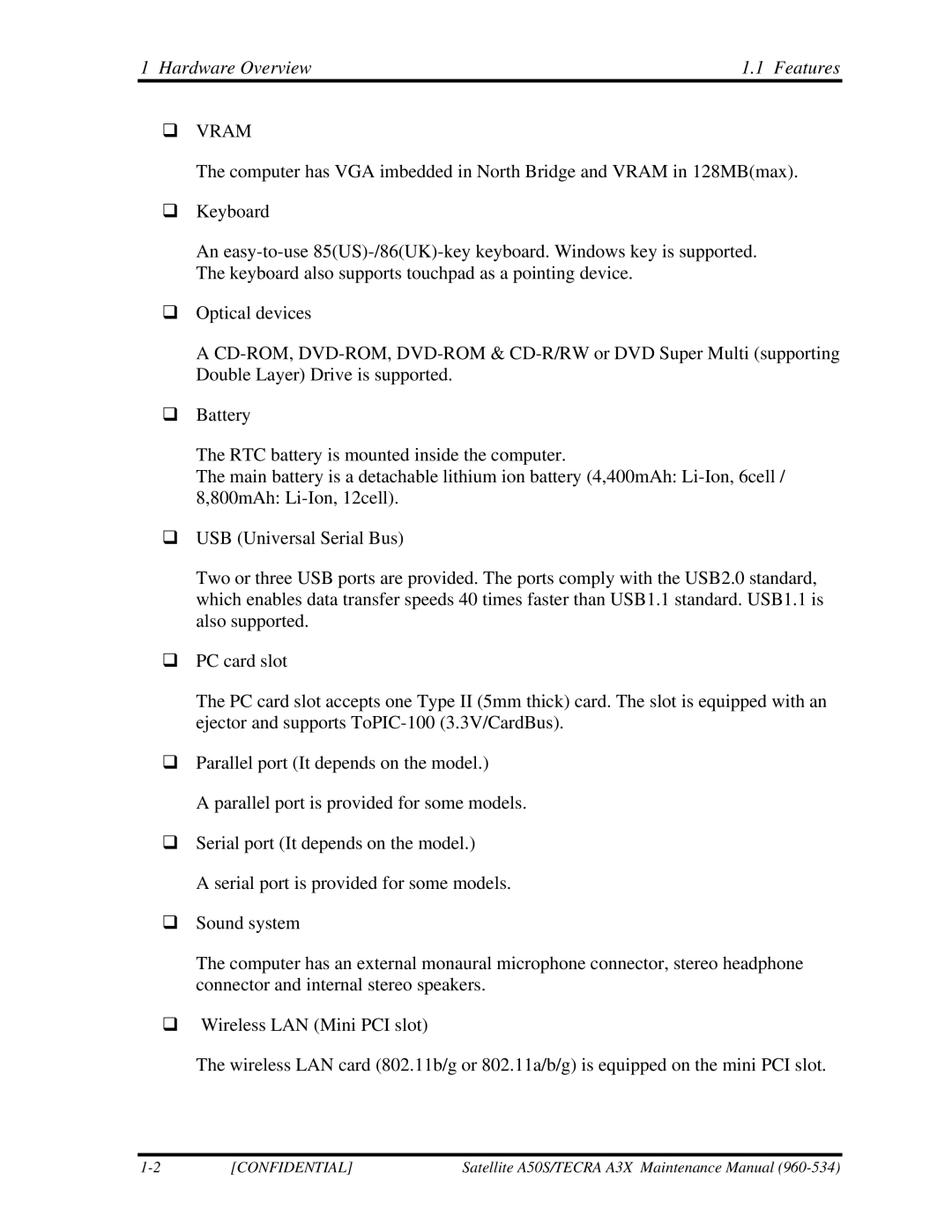 Toshiba A3X manual Hardware Overview Features, ‰ Vram 