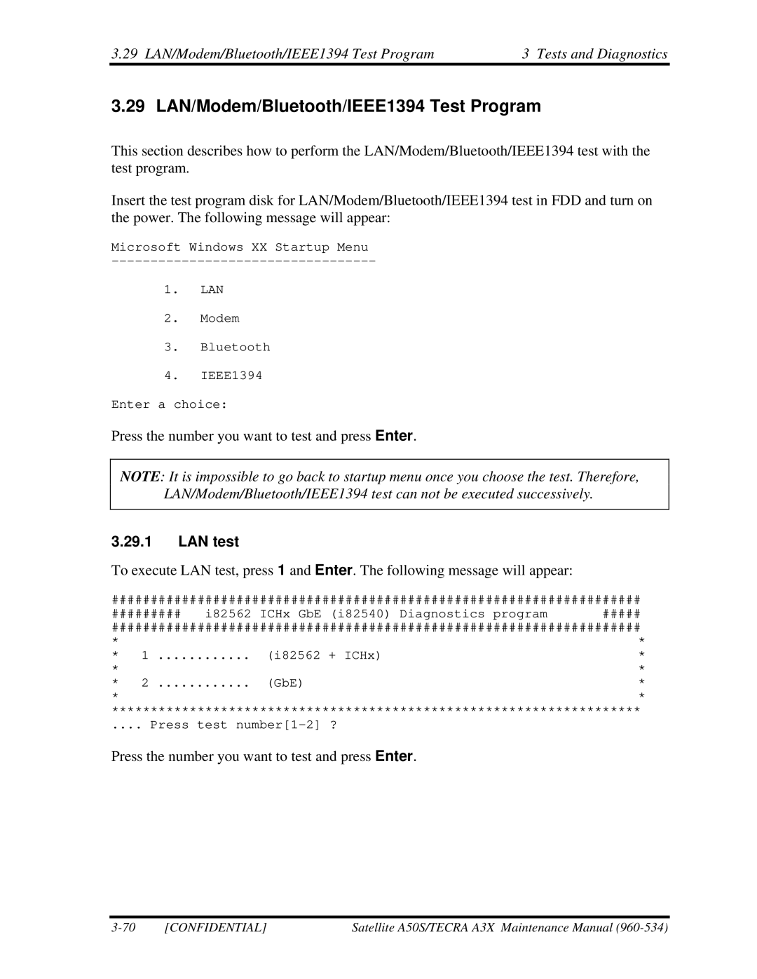 Toshiba A3X manual 29 LAN/Modem/Bluetooth/IEEE1394 Test Program, LAN test 