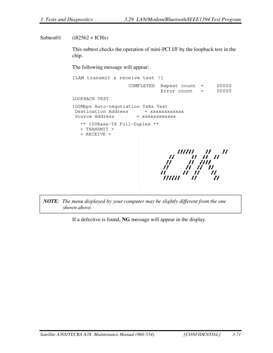 Toshiba A3X manual LAN transmit & receive test Completed Repeat count 00000 