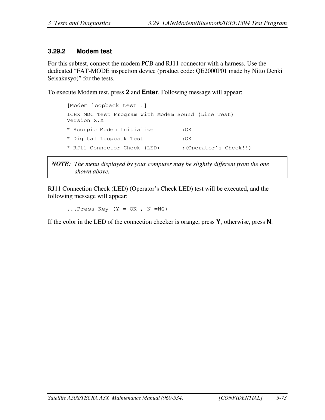 Toshiba A3X manual Modem test, Modem loopback test 