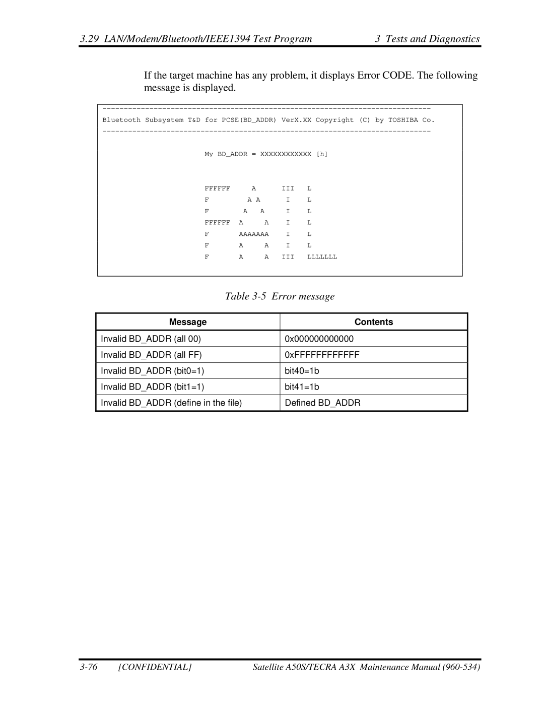 Toshiba A3X manual Error message, Message Contents 