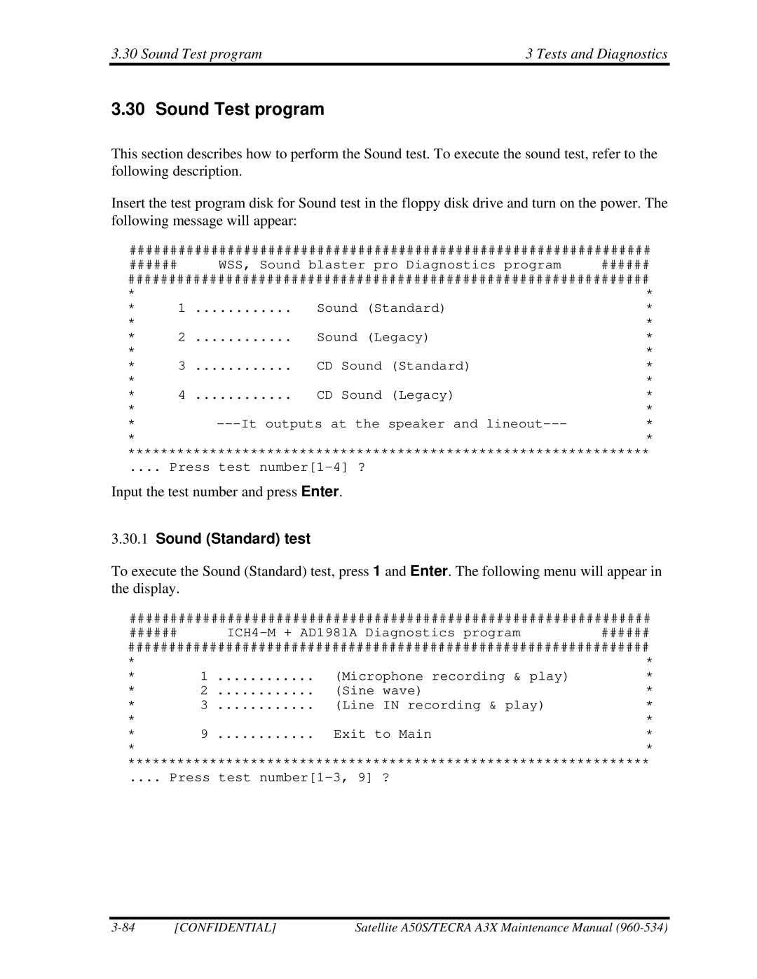 Toshiba A3X manual Sound Test program Tests and Diagnostics, Sound Standard test 