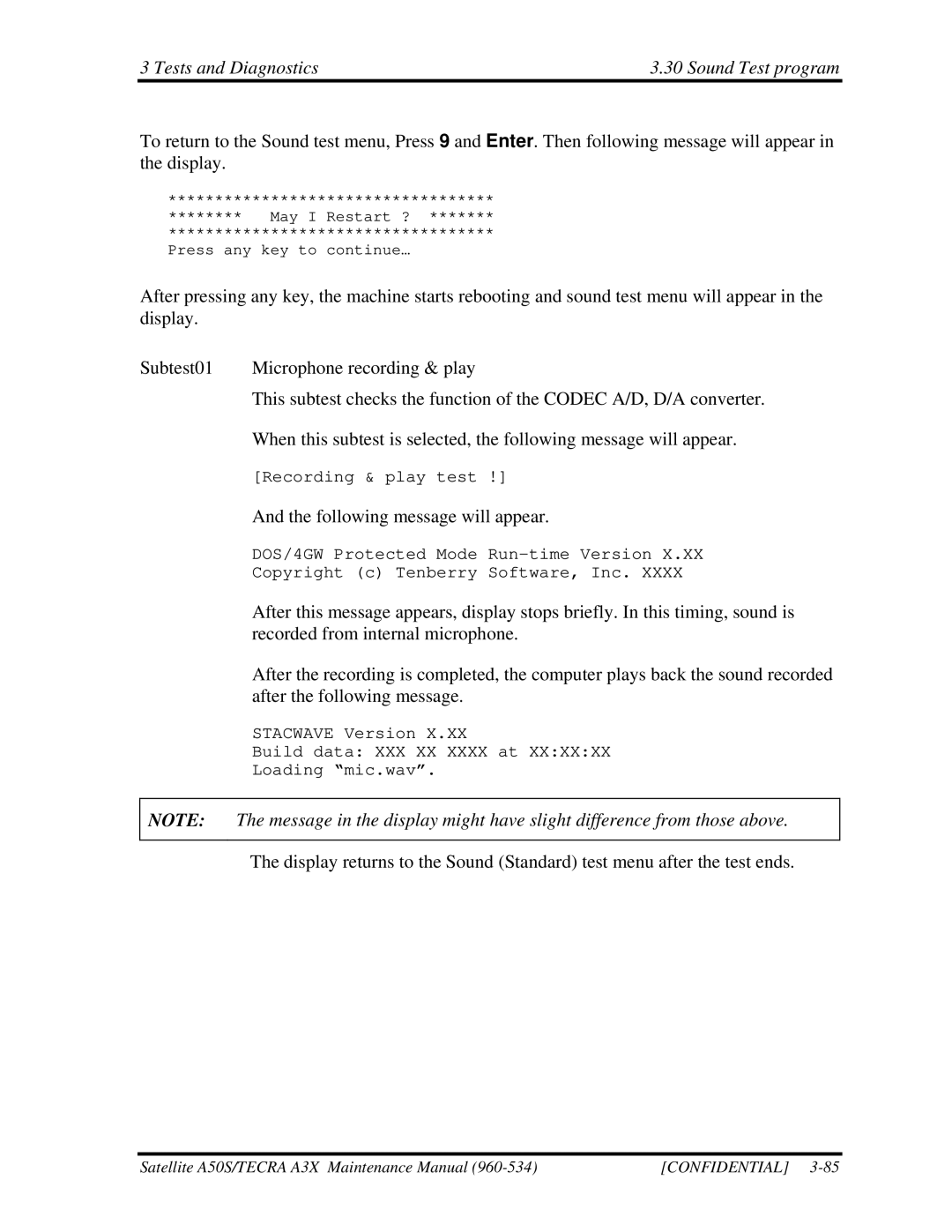 Toshiba A3X manual Tests and Diagnostics Sound Test program 