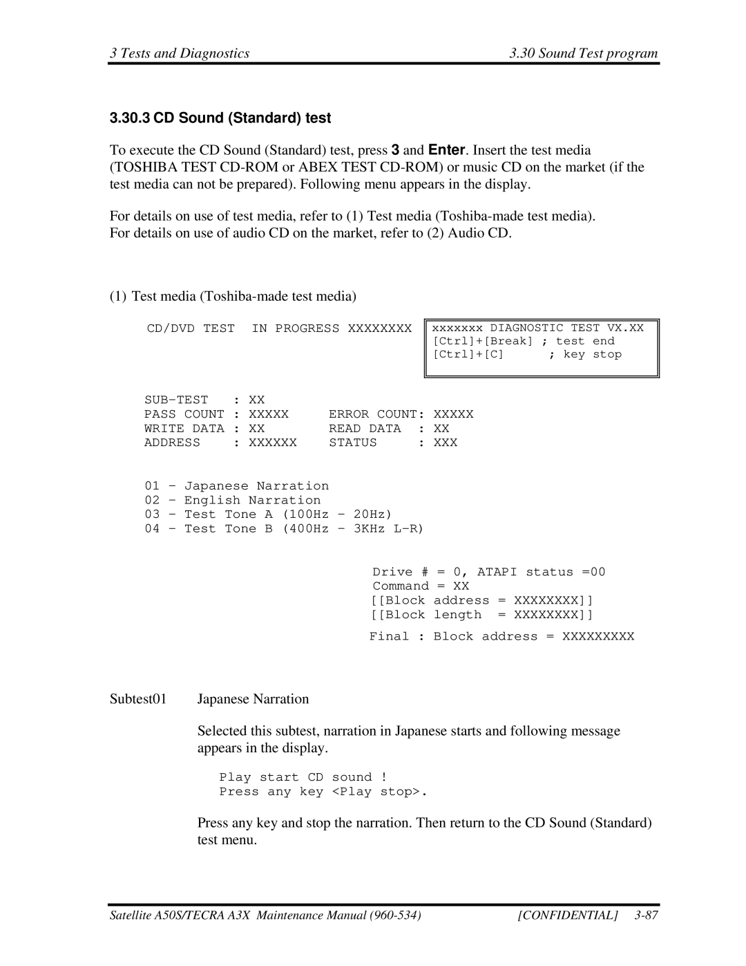 Toshiba A3X manual CD Sound Standard test, Pass Count Write Data Read Data Address Xxxxxx Status XXX 