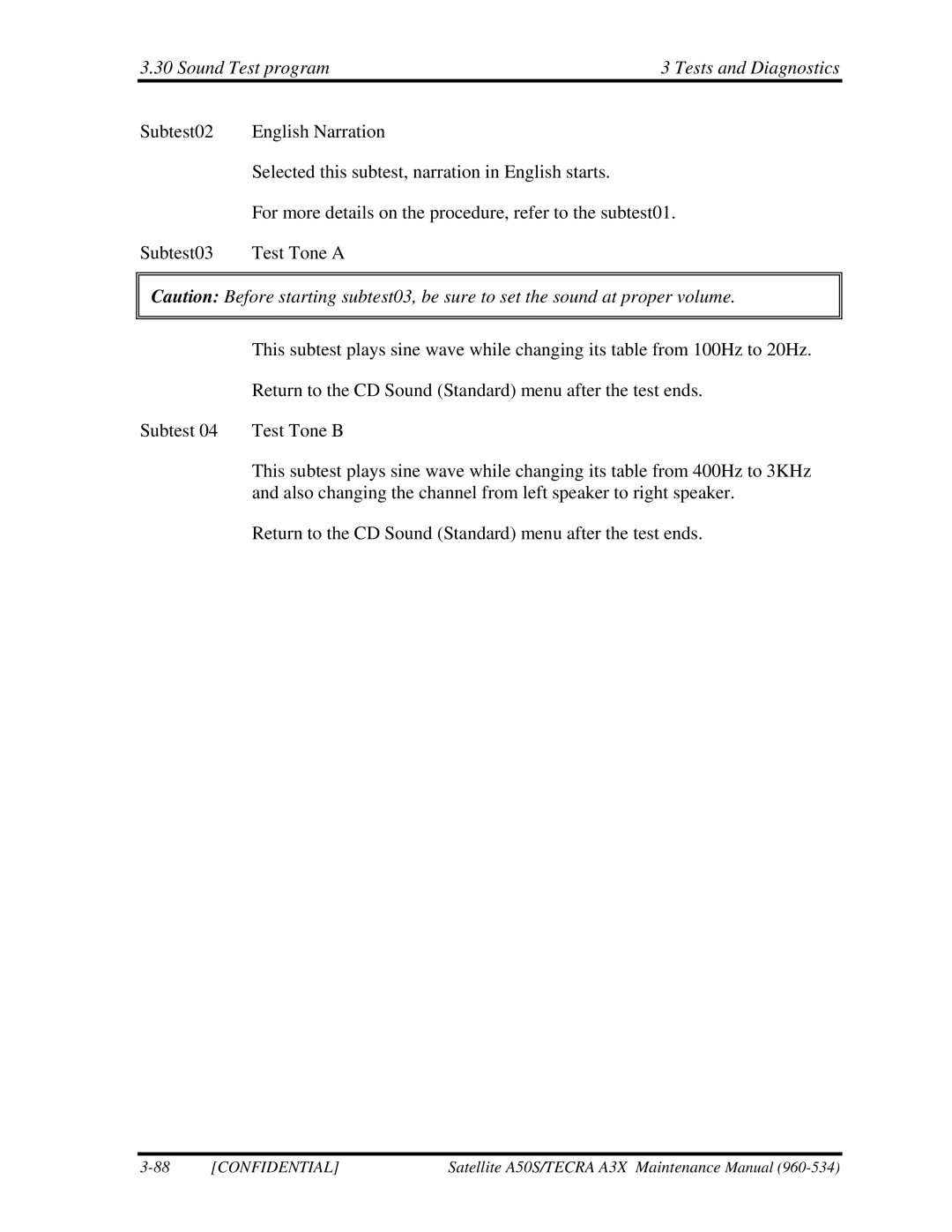 Toshiba A3X manual Return to the CD Sound Standard menu after the test ends 