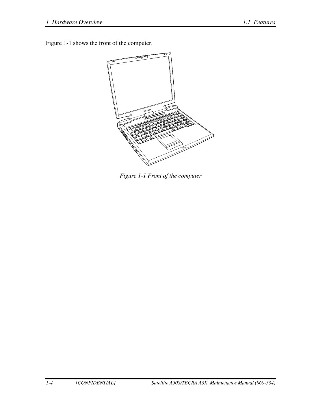 Toshiba A3X manual Shows the front of the computer 