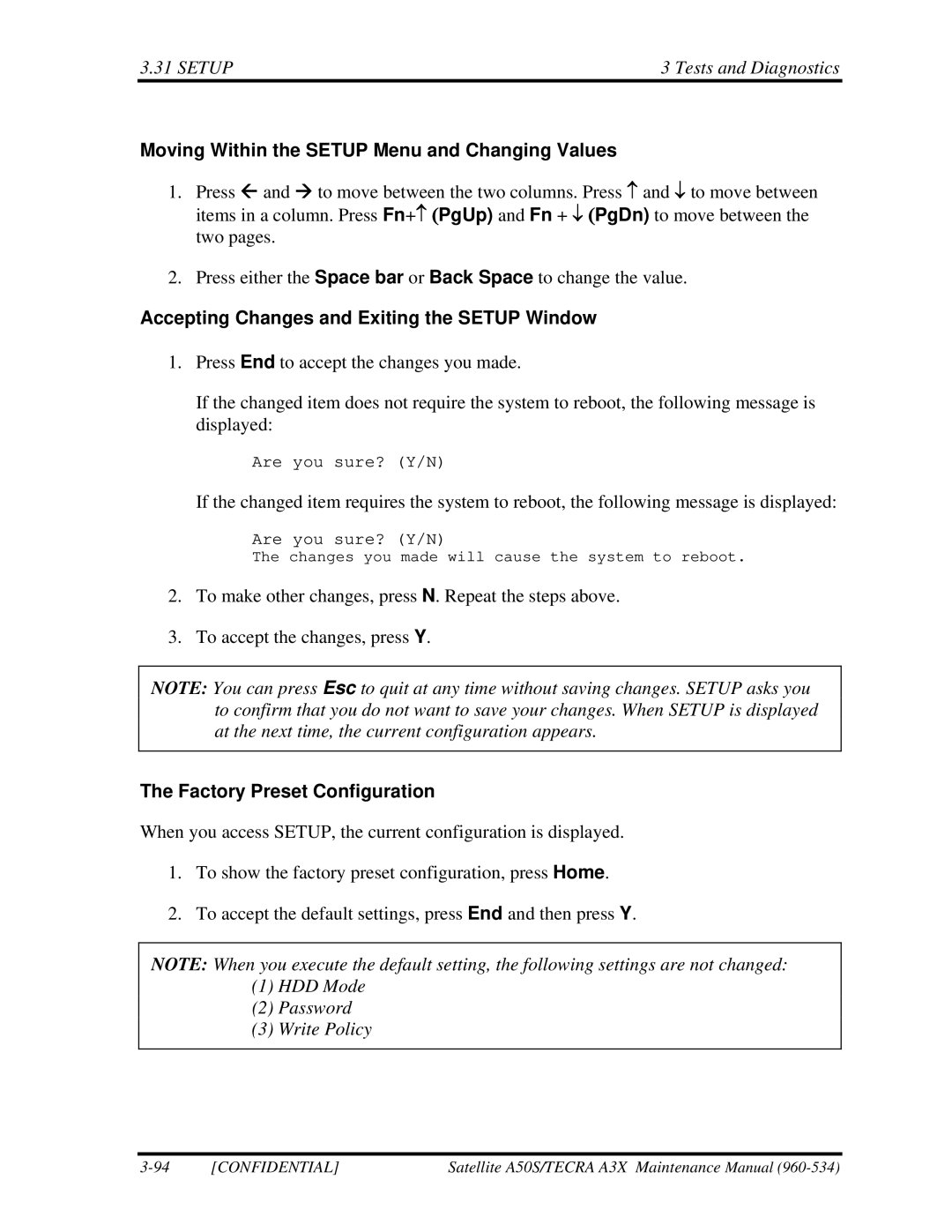 Toshiba A3X manual Moving Within the Setup Menu and Changing Values, Accepting Changes and Exiting the Setup Window 