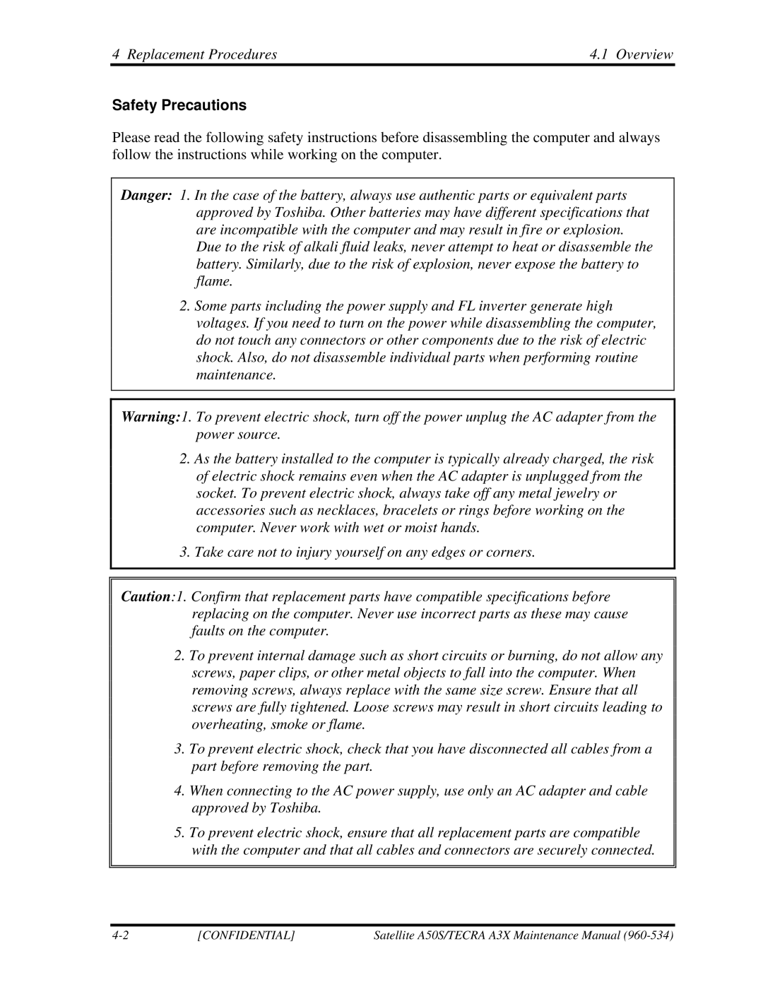 Toshiba A3X manual Replacement Procedures Overview, Safety Precautions 