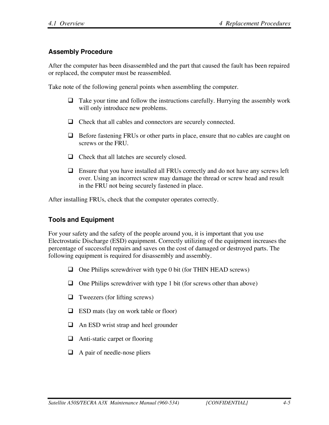 Toshiba A3X manual Assembly Procedure, Tools and Equipment 