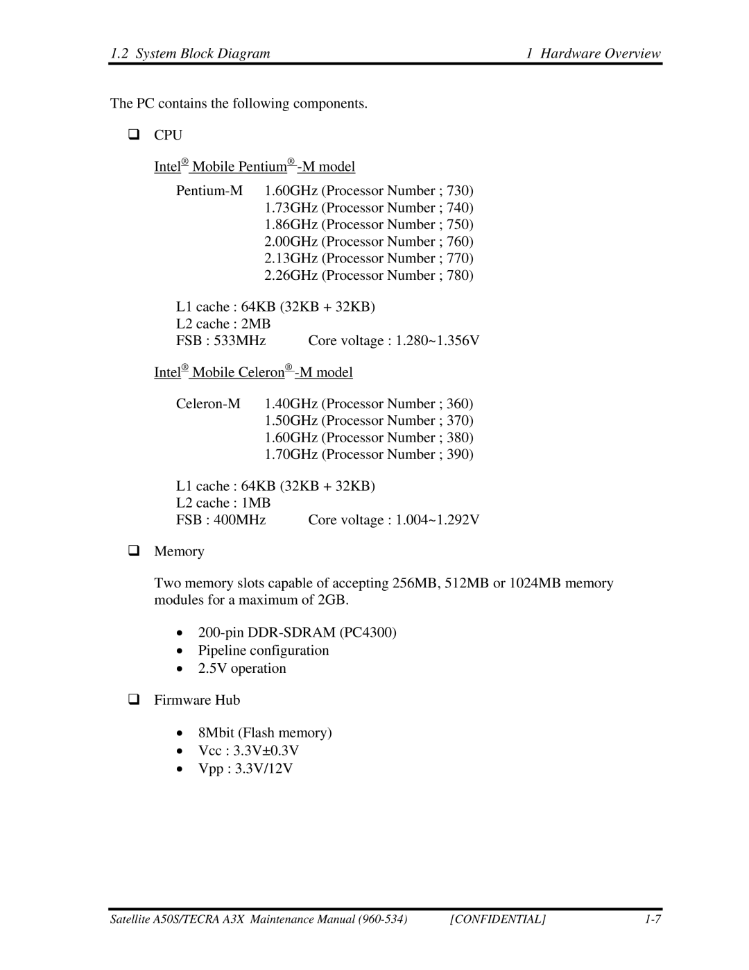 Toshiba A3X manual System Block Diagram Hardware Overview, ‰ Cpu 