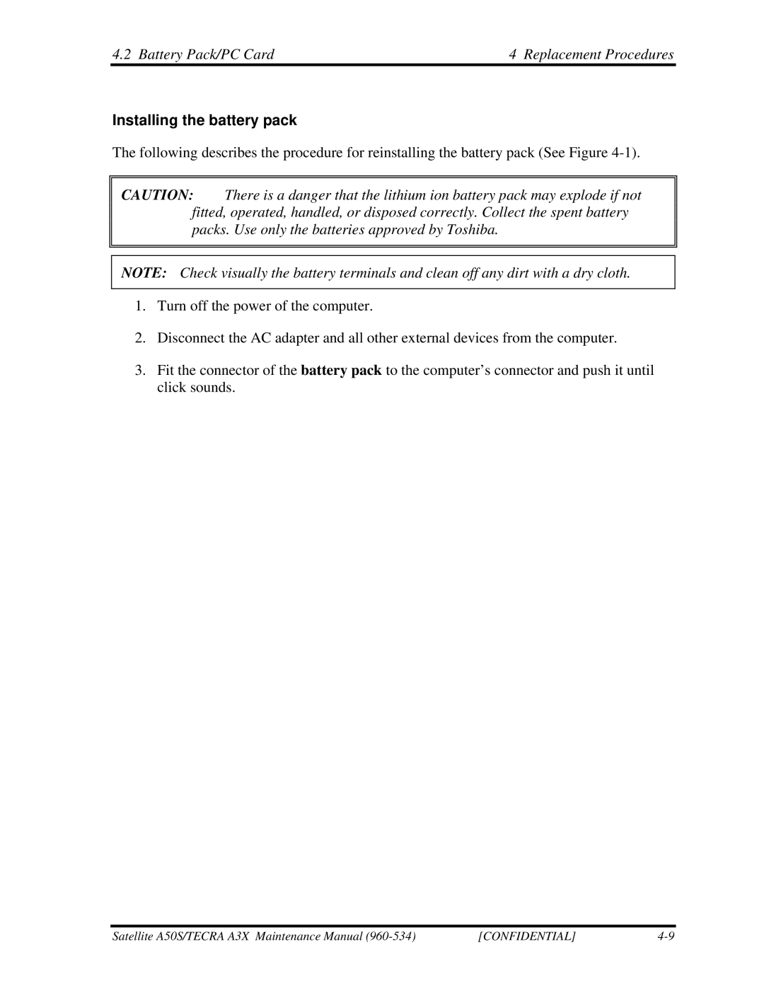 Toshiba A3X manual Battery Pack/PC Card Replacement Procedures, Installing the battery pack 