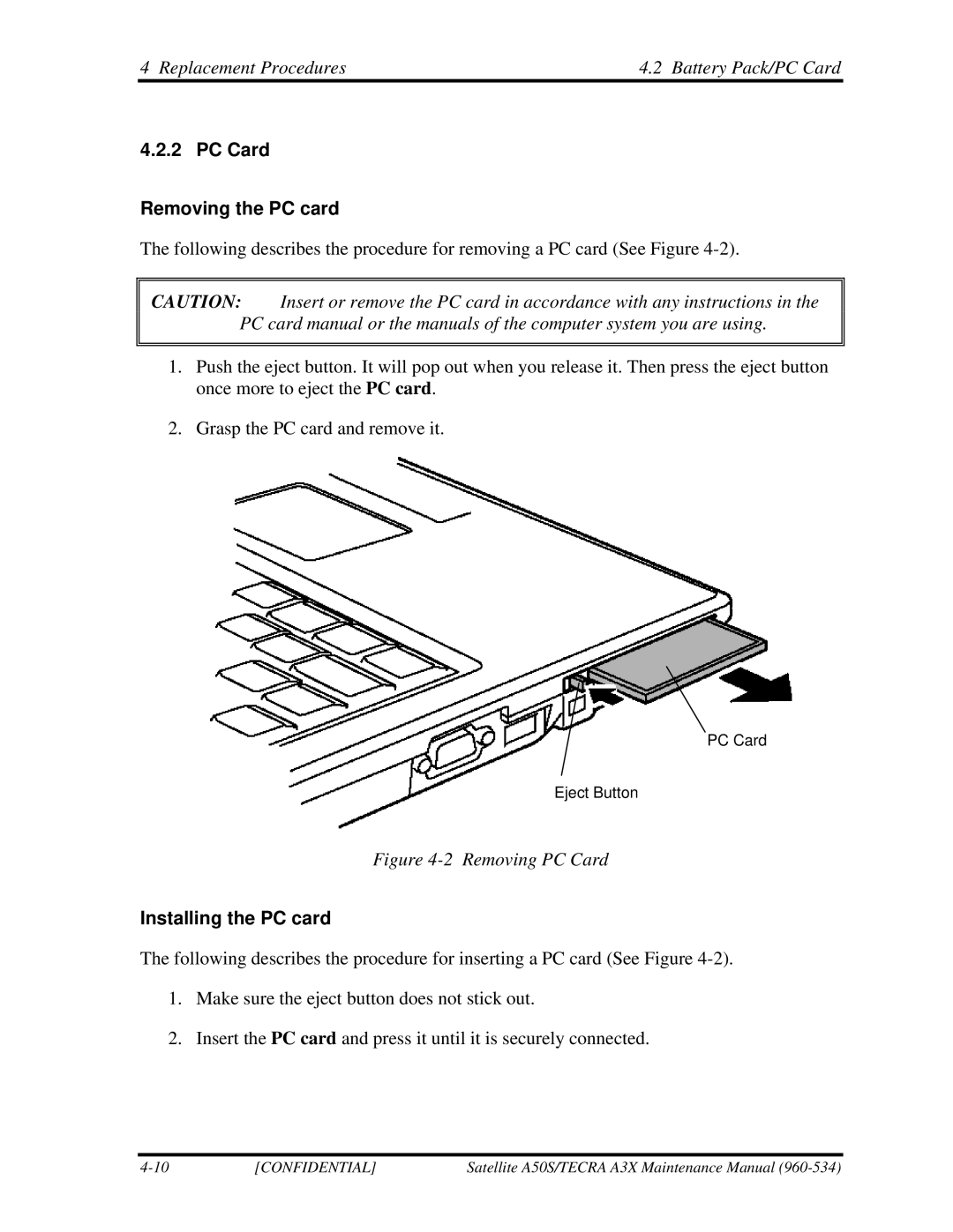 Toshiba A3X manual PC Card Removing the PC card, Installing the PC card 