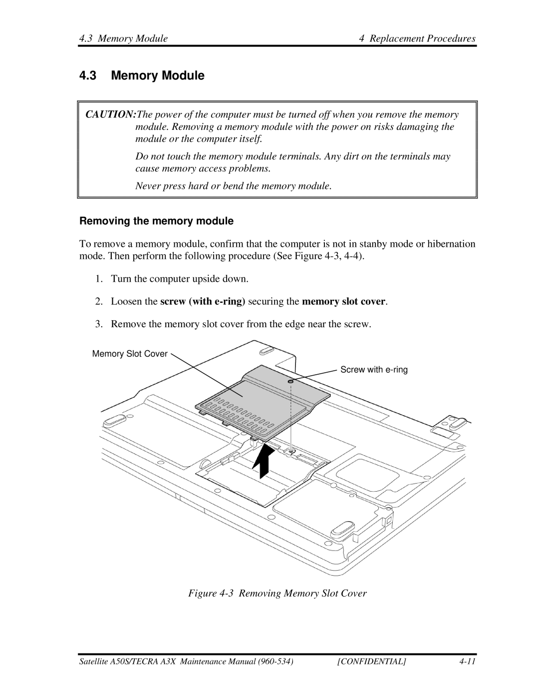 Toshiba A3X manual Memory Module Replacement Procedures, Removing the memory module 