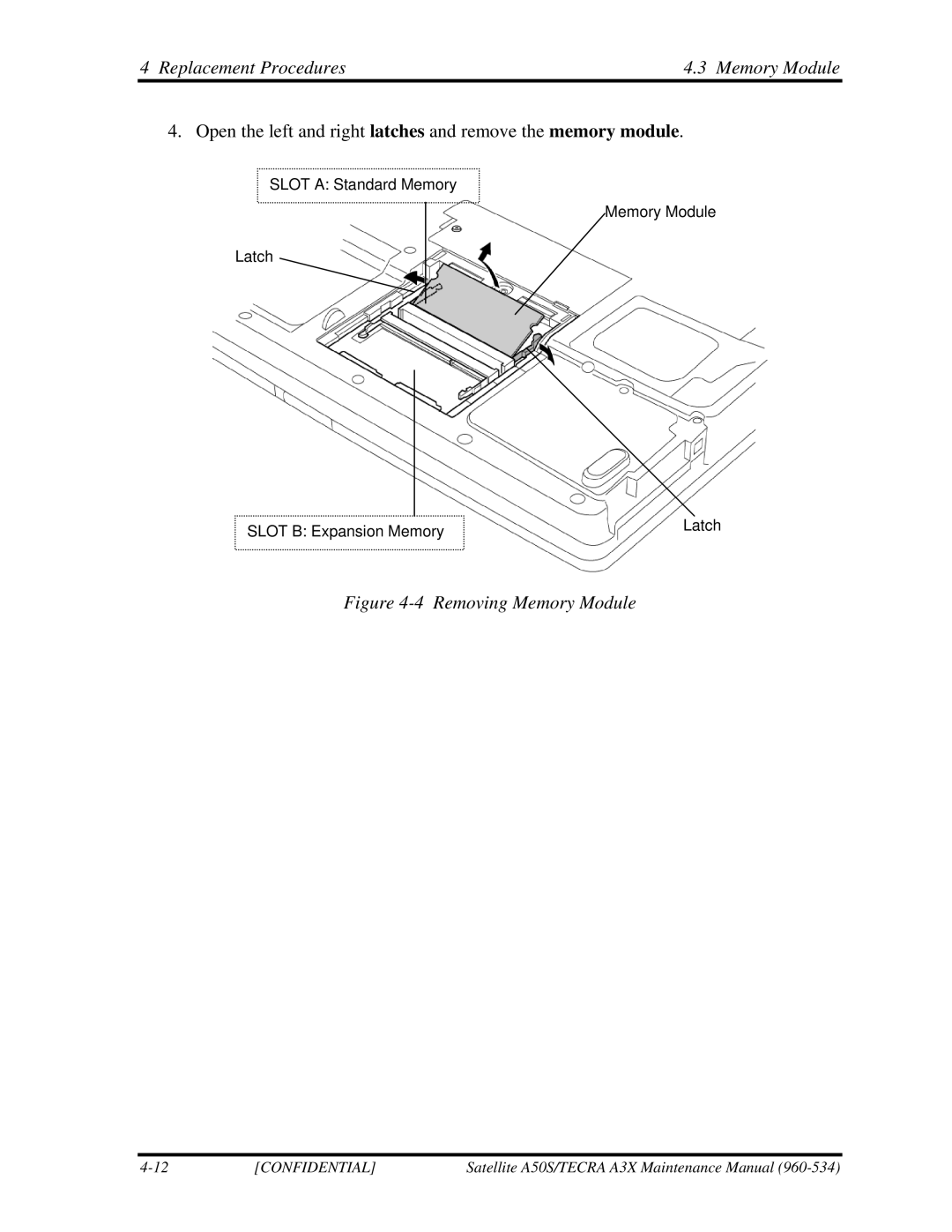 Toshiba A3X manual Replacement Procedures Memory Module, Removing Memory Module 