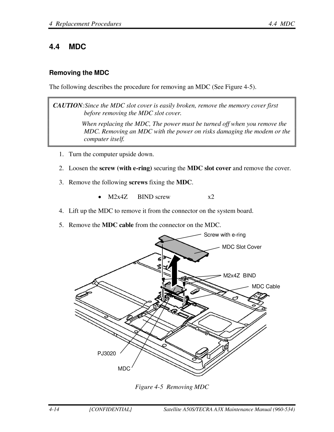 Toshiba A3X manual Mdc, Replacement Procedures MDC, Removing the MDC 