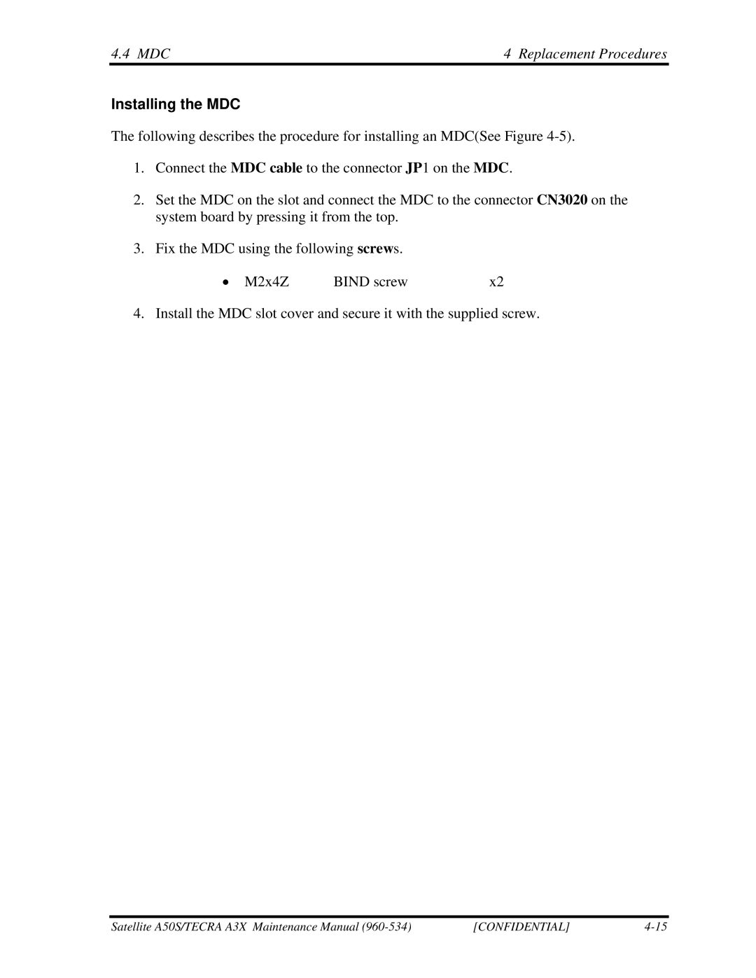 Toshiba A3X manual MDC Replacement Procedures, Installing the MDC 