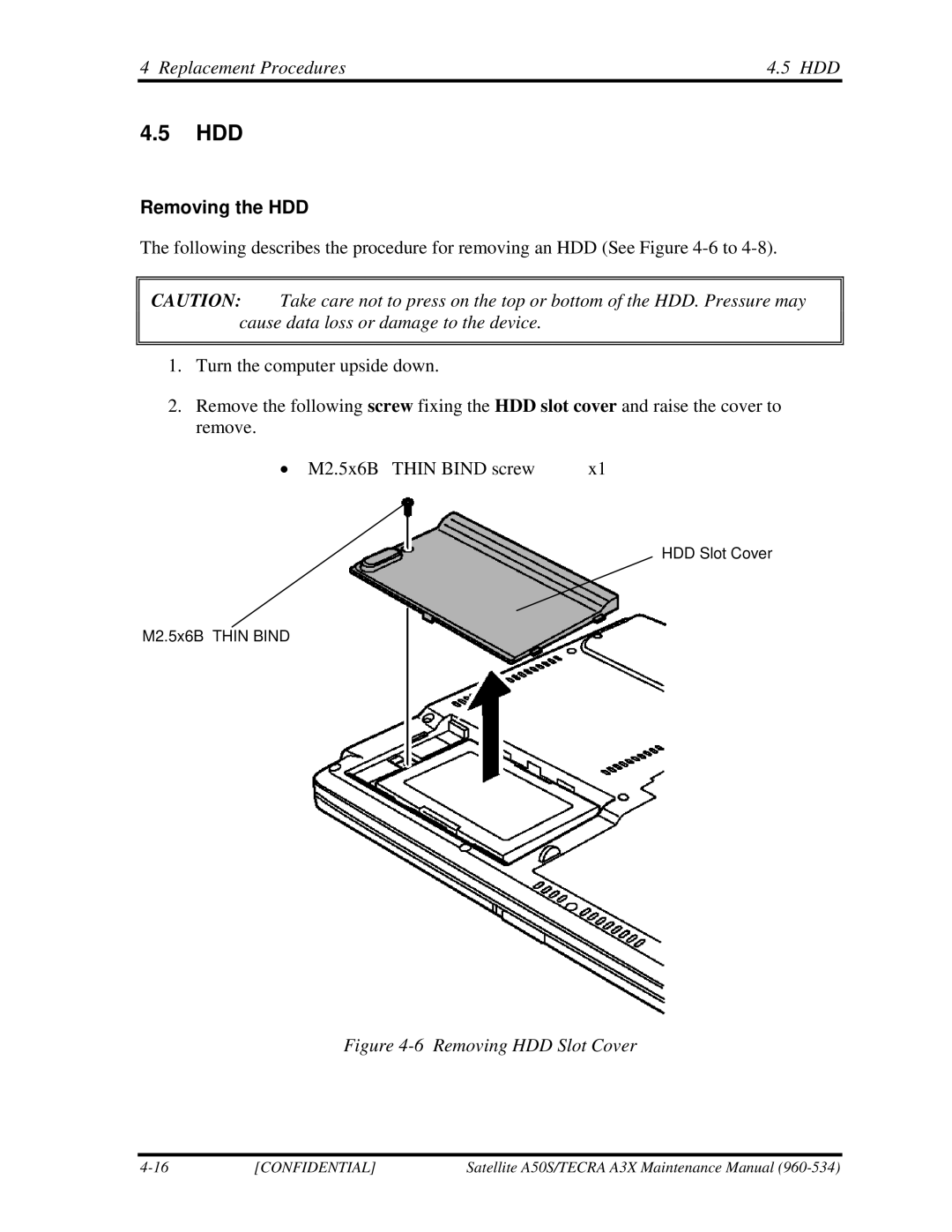 Toshiba A3X manual Hdd, Replacement Procedures HDD, Removing the HDD 