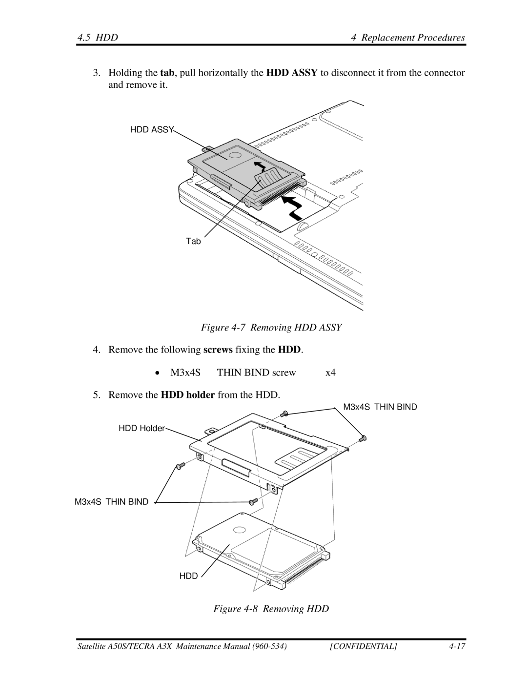 Toshiba A3X manual HDD Replacement Procedures, Removing HDD Assy 