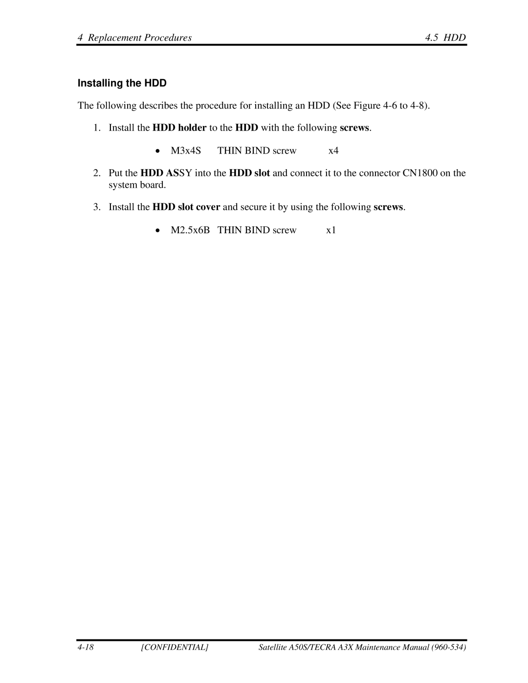 Toshiba A3X manual Installing the HDD 