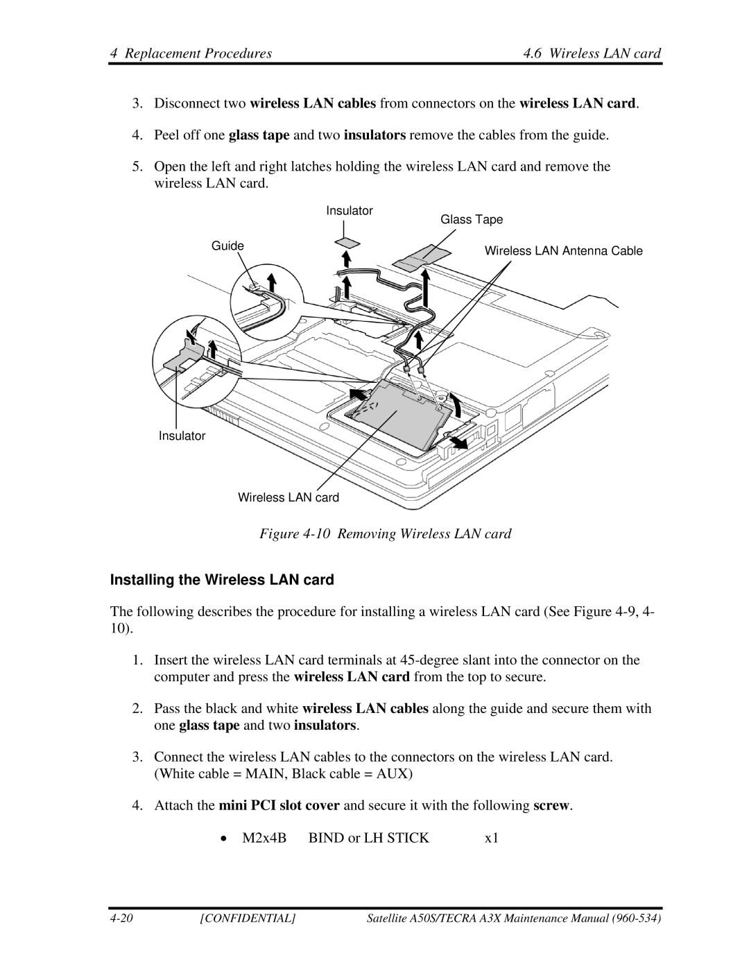 Toshiba A3X manual Replacement Procedures Wireless LAN card, Installing the Wireless LAN card 