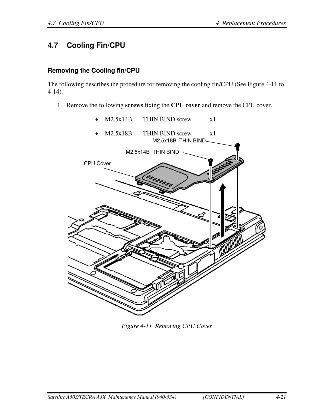 Toshiba A3X manual Cooling Fin/CPU Replacement Procedures, Removing the Cooling fin/CPU 