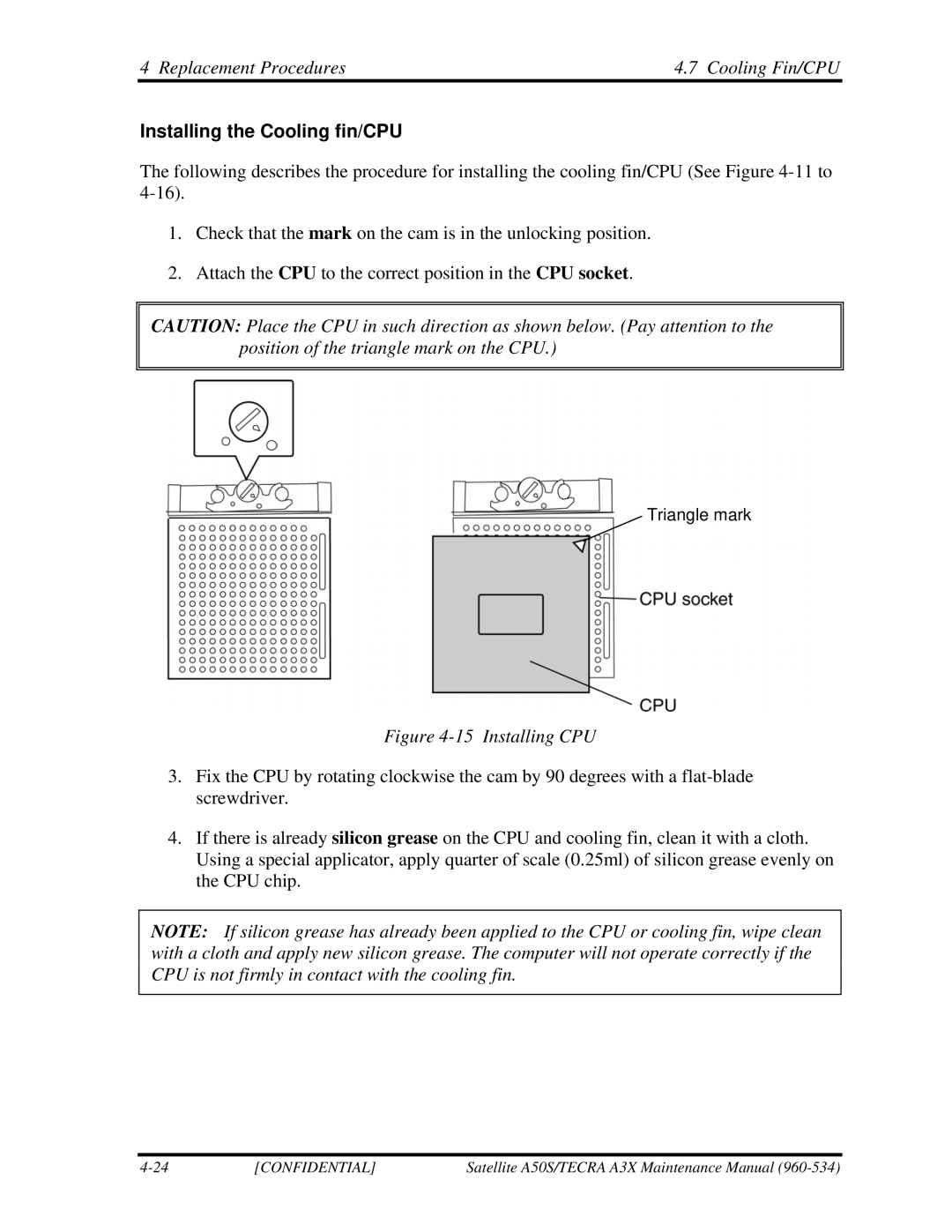 Toshiba A3X manual Replacement Procedures Cooling Fin/CPU, Installing the Cooling fin/CPU 