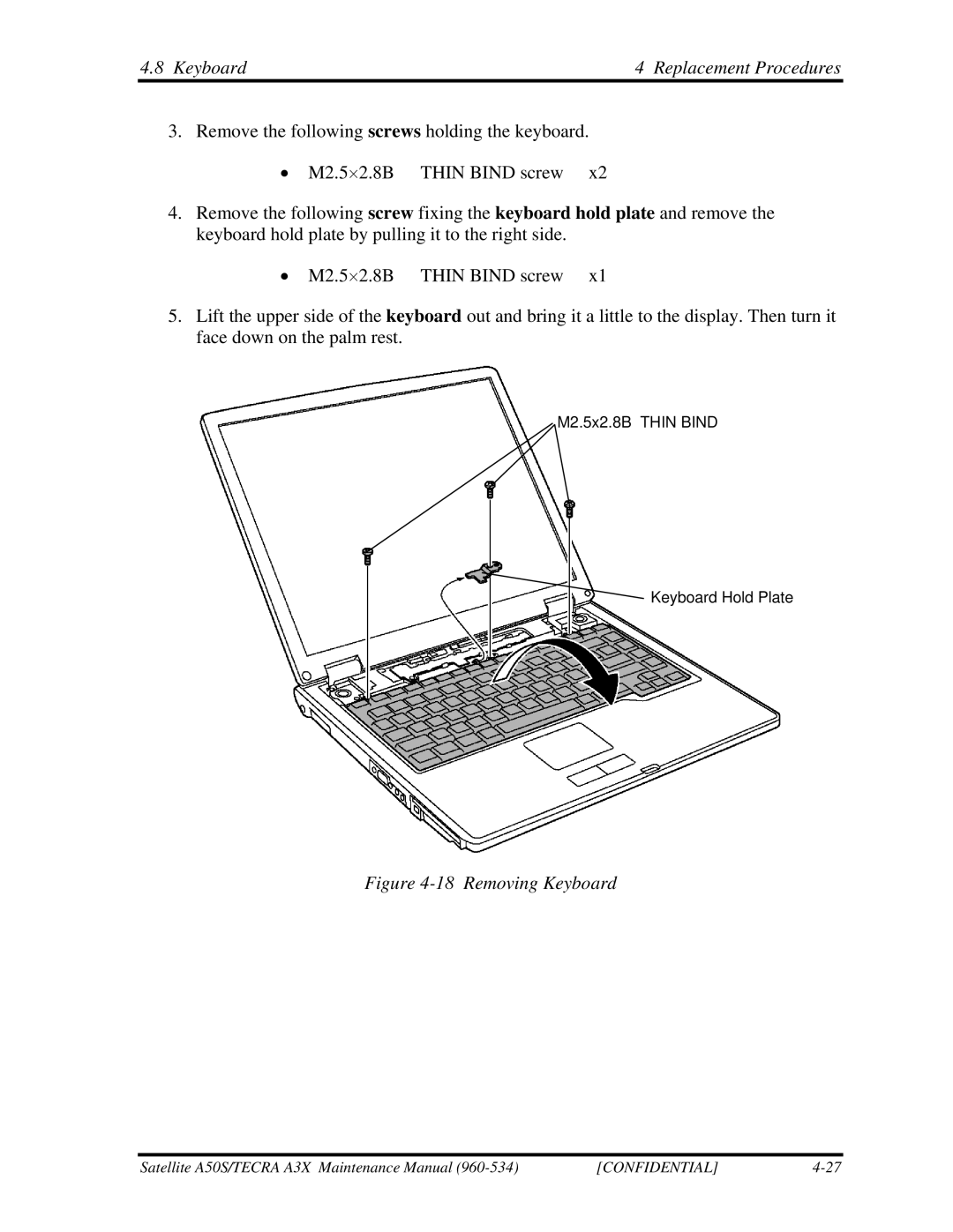 Toshiba A3X manual Keyboard Replacement Procedures, Removing Keyboard 