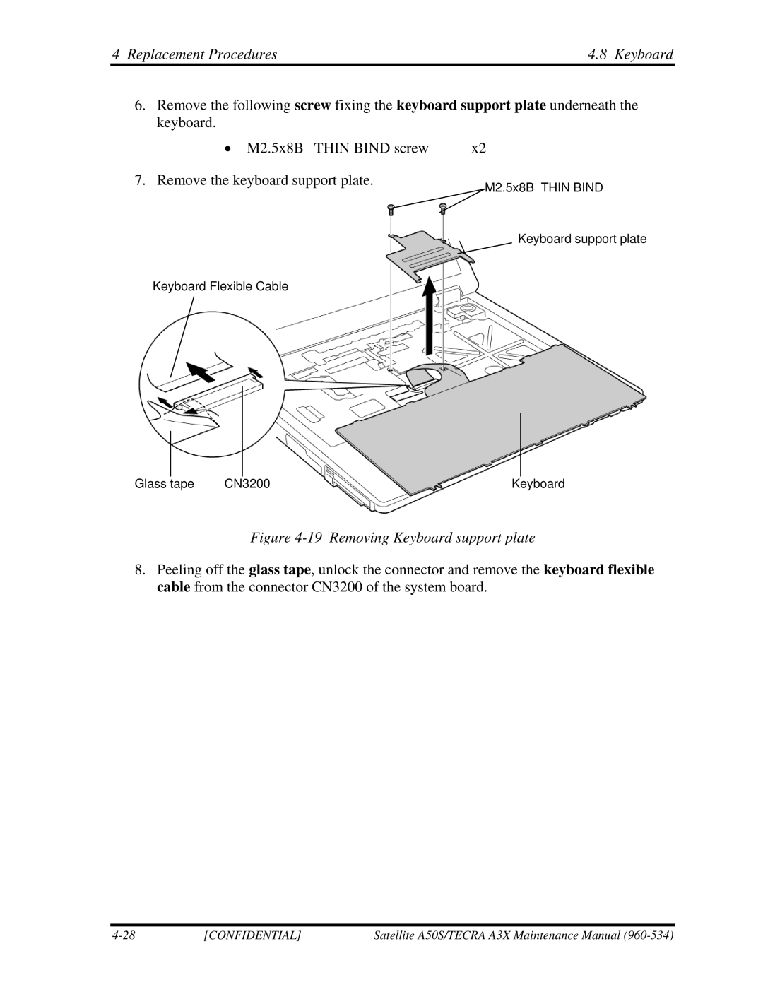 Toshiba A3X manual Removing Keyboard support plate 