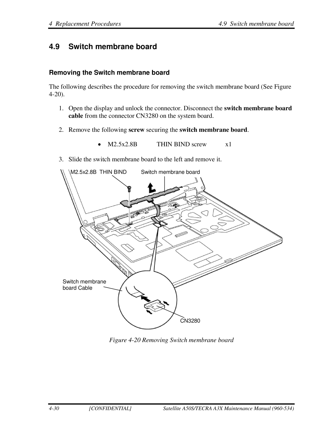 Toshiba A3X manual Replacement Procedures Switch membrane board, Removing the Switch membrane board 