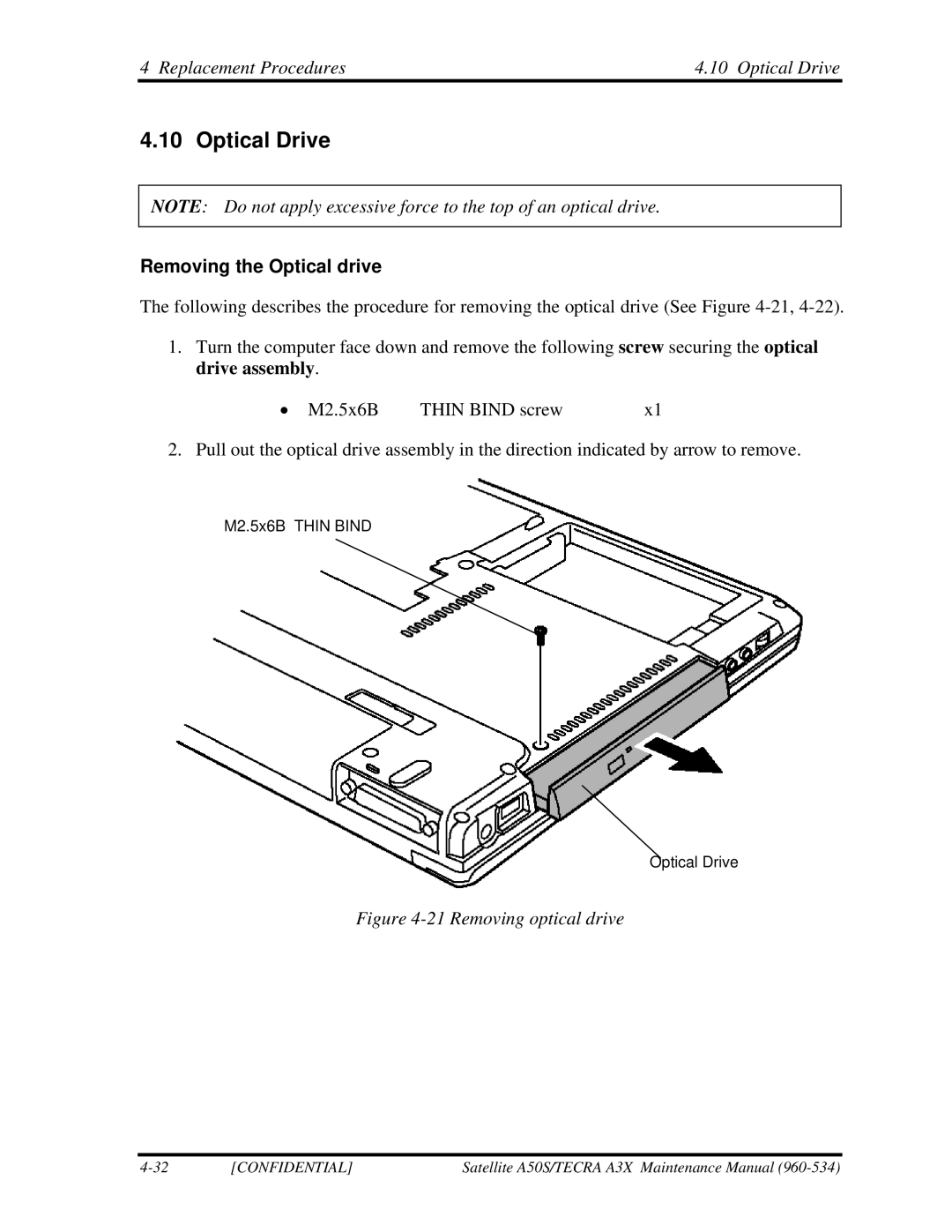 Toshiba A3X manual Replacement Procedures Optical Drive, Removing the Optical drive 