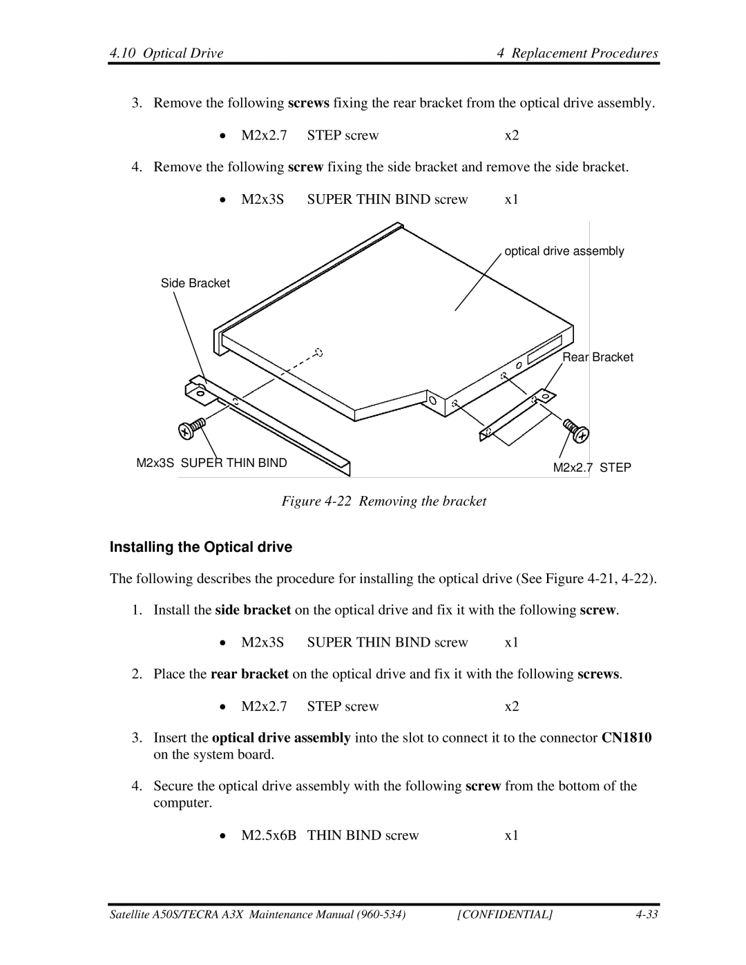 Toshiba A3X manual Removing the bracket, Installing the Optical drive 