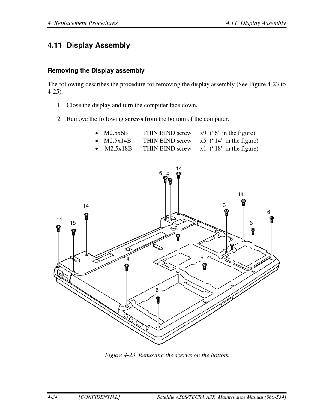 Toshiba A3X manual Replacement Procedures Display Assembly, Removing the Display assembly 