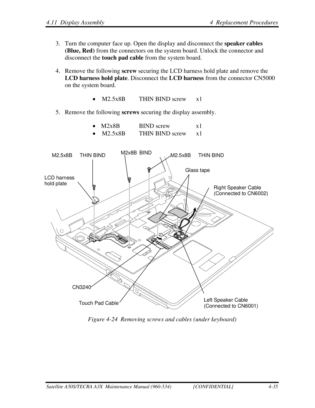 Toshiba A3X manual Display Assembly Replacement Procedures, Removing screws and cables under keyboard 