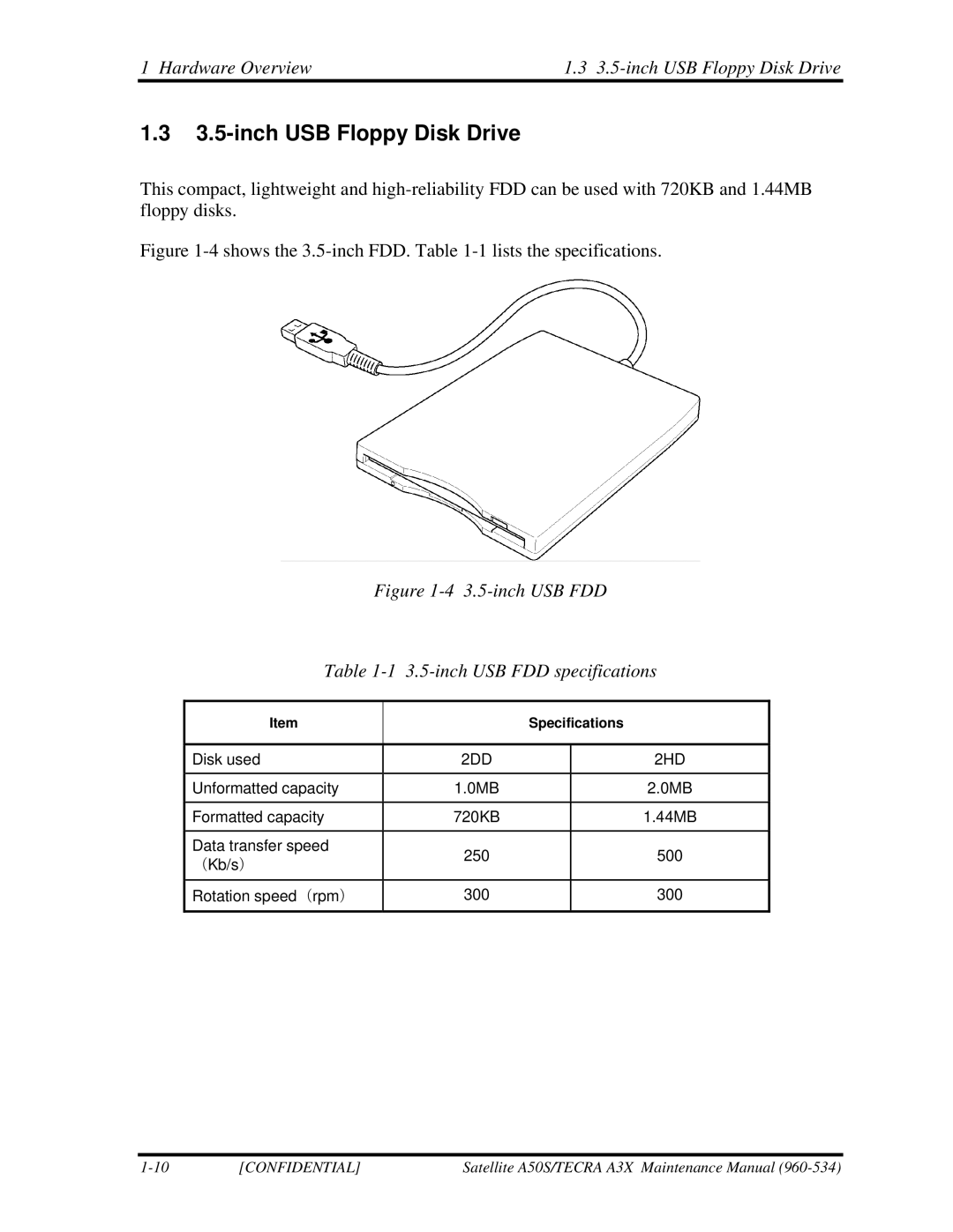 Toshiba A3X manual Hardware Overview 3.5-inch USB Floppy Disk Drive 