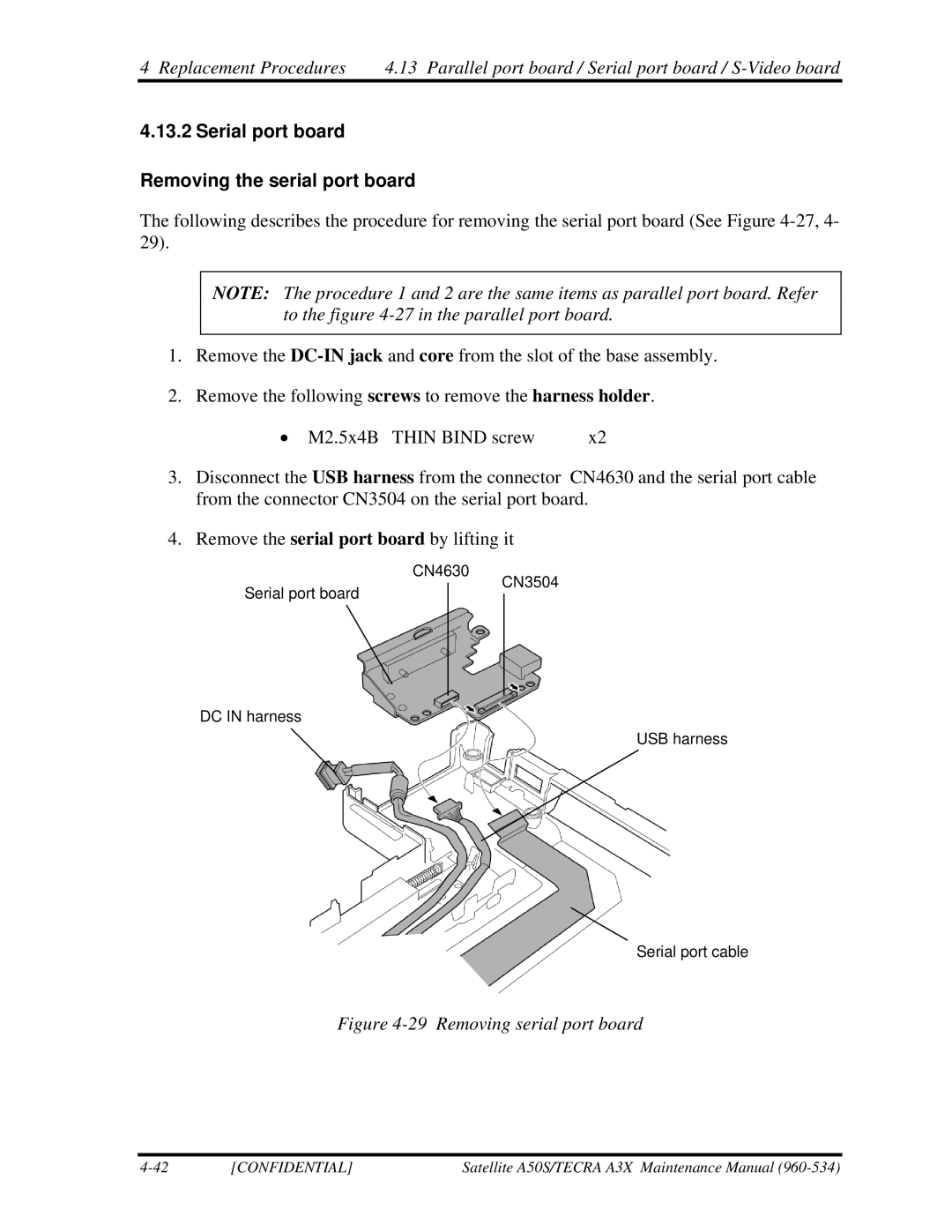 Toshiba A3X manual Serial port board Removing the serial port board, Removing serial port board 