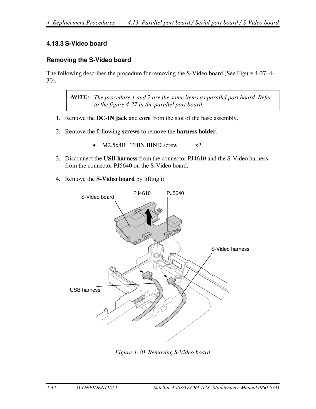 Toshiba A3X manual Video board Removing the S-Video board, Removing S-Video board 