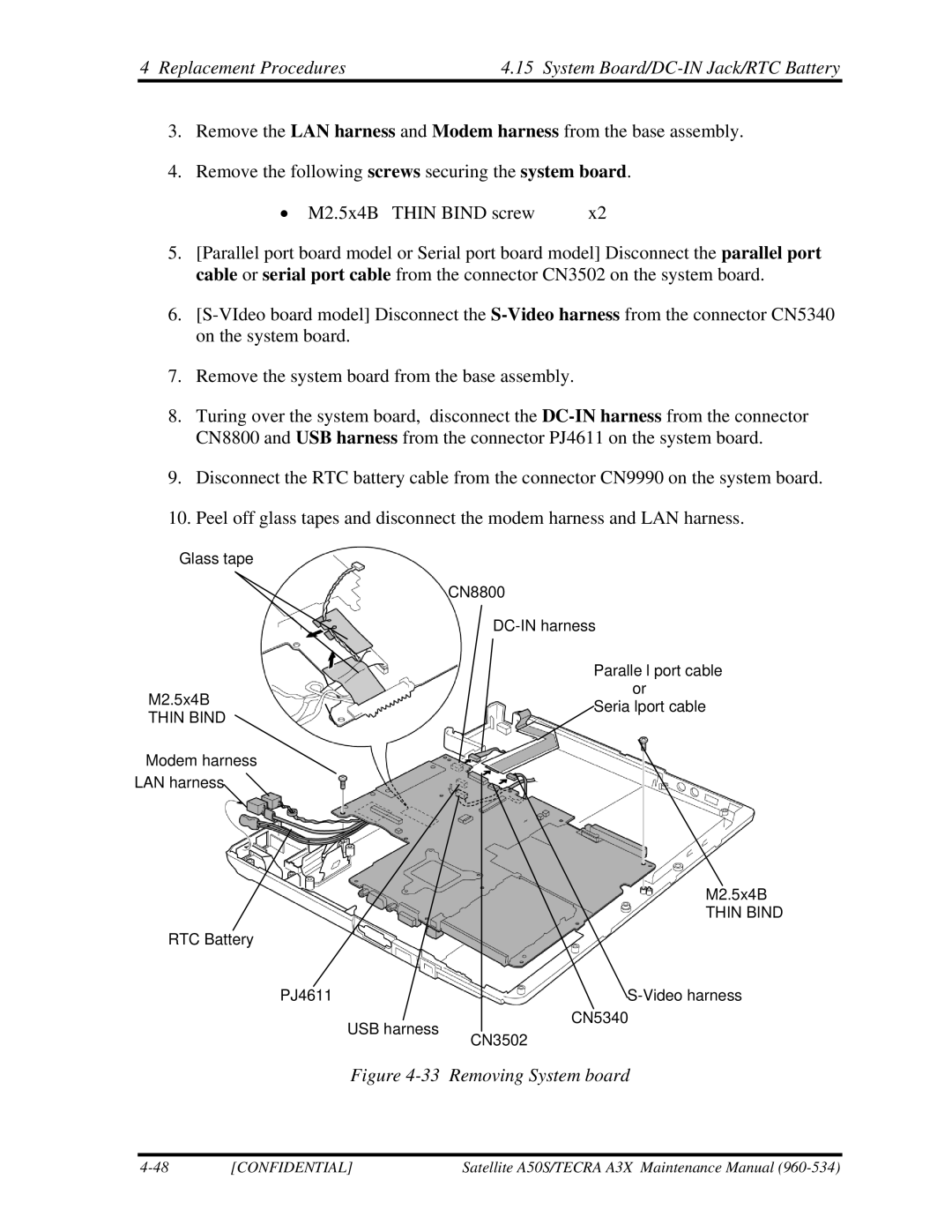 Toshiba A3X manual Replacement Procedures System Board/DC-IN Jack/RTC Battery, Removing System board 