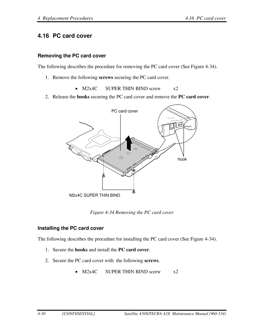 Toshiba A3X manual Replacement Procedures PC card cover, Removing the PC card cover, Installing the PC card cover 