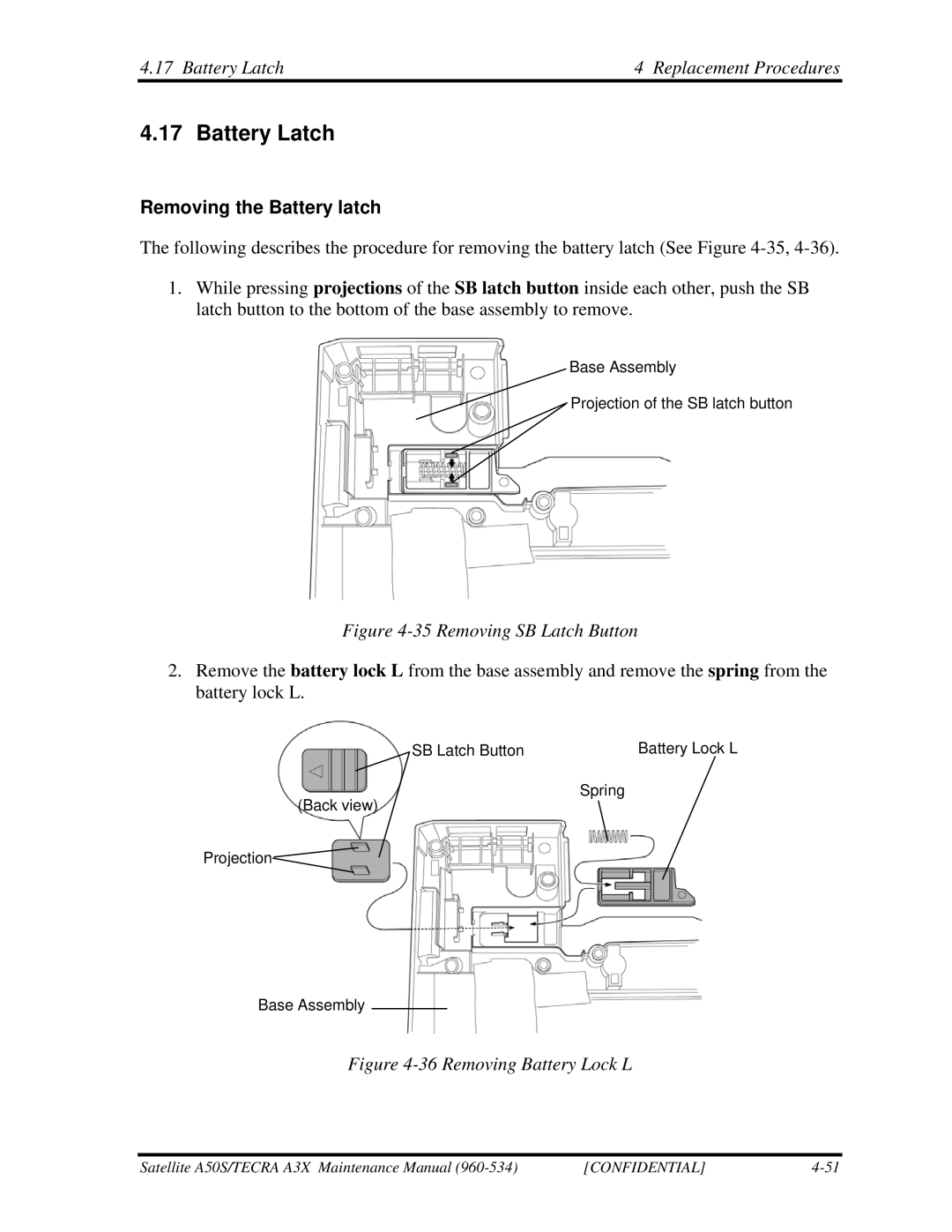 Toshiba A3X manual Battery Latch Replacement Procedures, Removing the Battery latch 