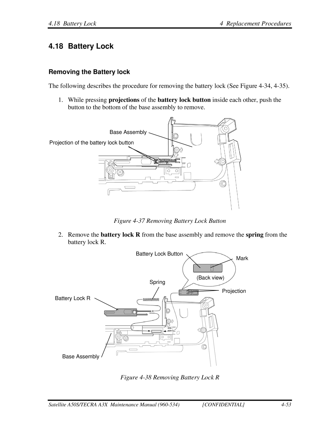 Toshiba A3X manual Battery Lock Replacement Procedures, Removing the Battery lock 