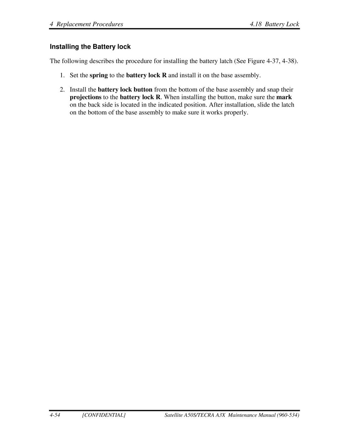 Toshiba A3X manual Replacement Procedures Battery Lock, Installing the Battery lock 