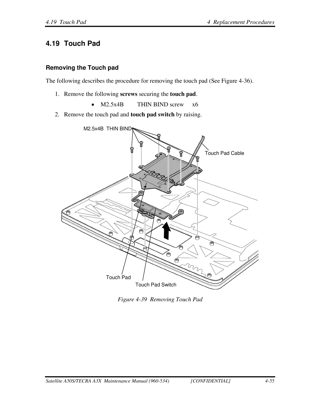 Toshiba A3X manual Touch Pad Replacement Procedures, Removing the Touch pad 