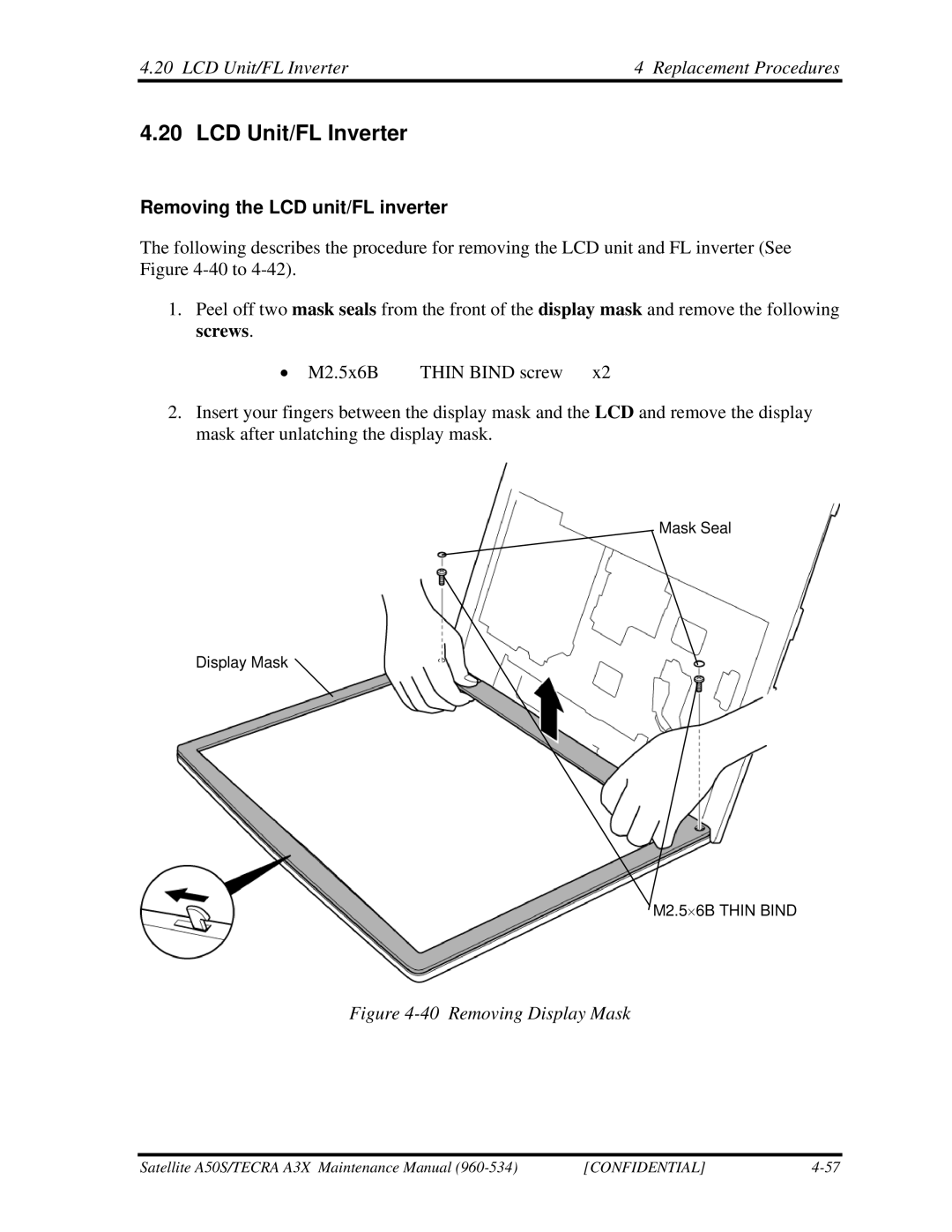 Toshiba A3X manual LCD Unit/FL Inverter Replacement Procedures, Removing the LCD unit/FL inverter 