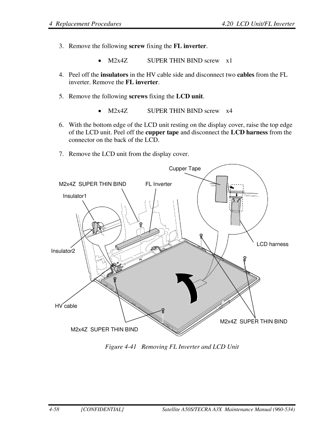 Toshiba A3X manual Replacement Procedures LCD Unit/FL Inverter, Removing FL Inverter and LCD Unit 