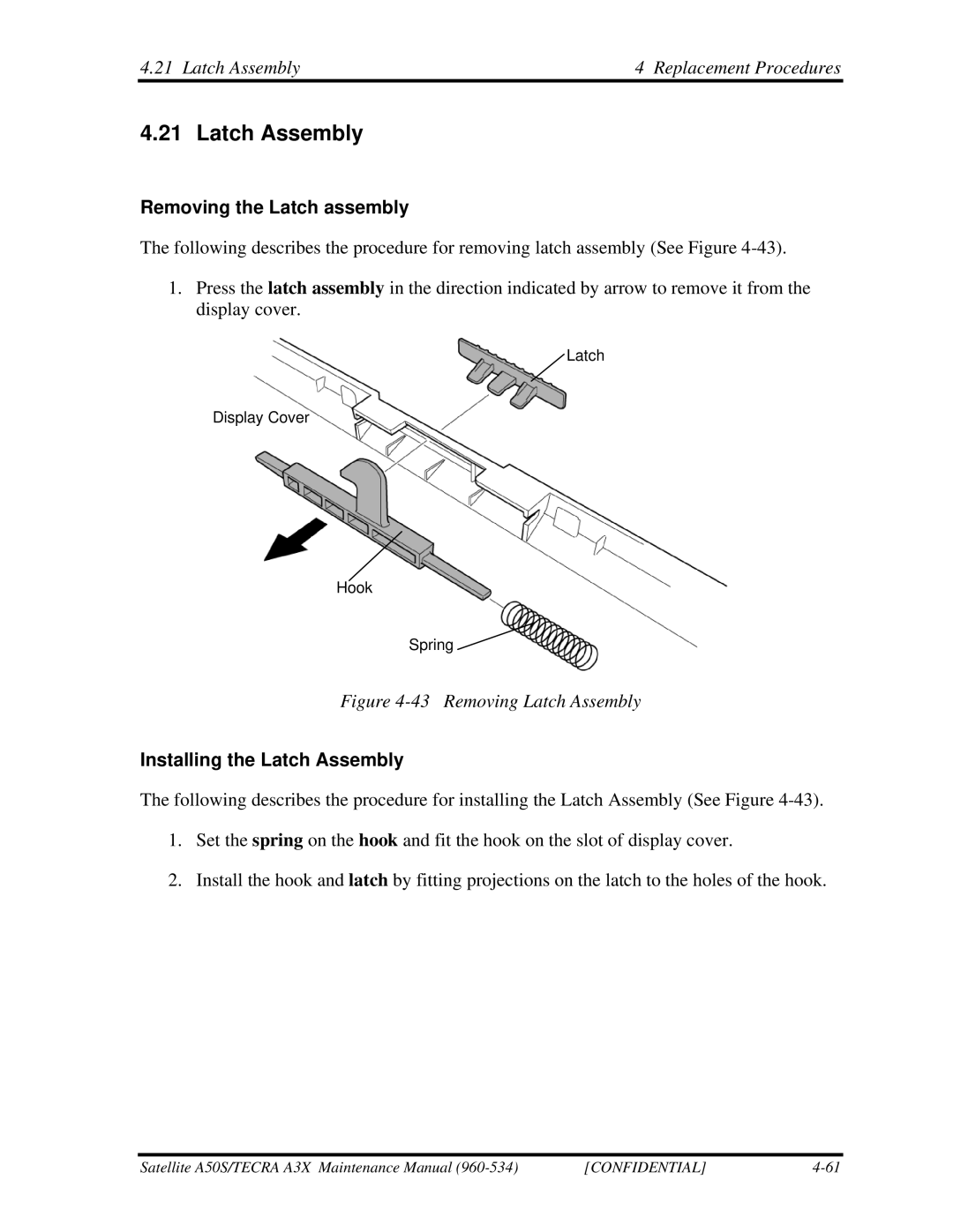 Toshiba A3X manual Latch Assembly Replacement Procedures, Removing the Latch assembly, Installing the Latch Assembly 