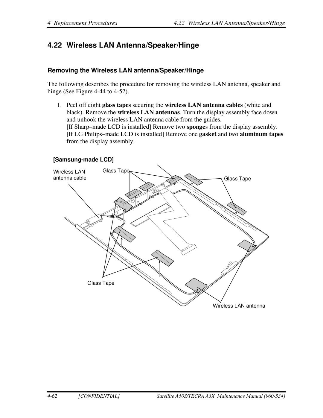 Toshiba A3X Replacement Procedures Wireless LAN Antenna/Speaker/Hinge, Removing the Wireless LAN antenna/Speaker/Hinge 