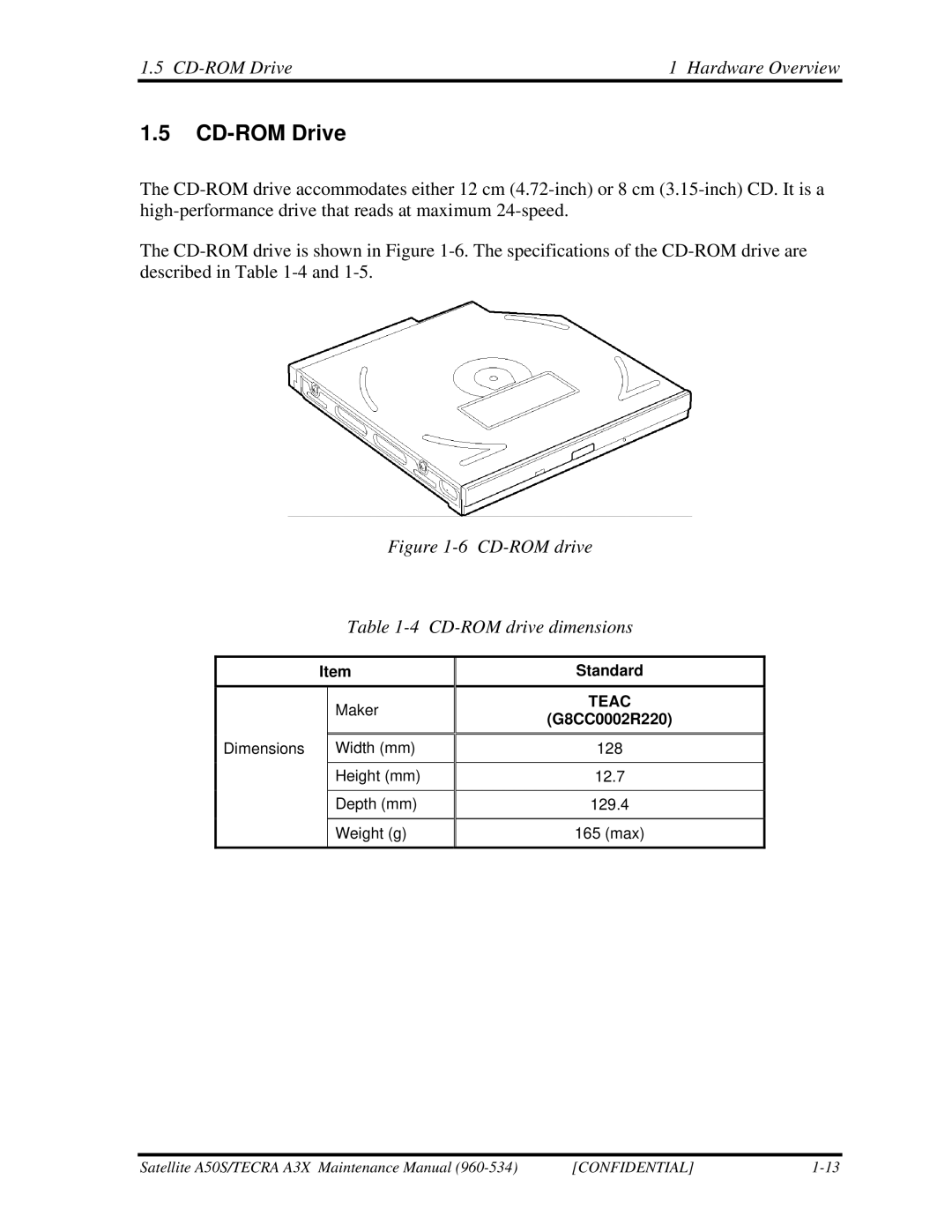 Toshiba A3X manual CD-ROM Drive Hardware Overview, G8CC0002R220 