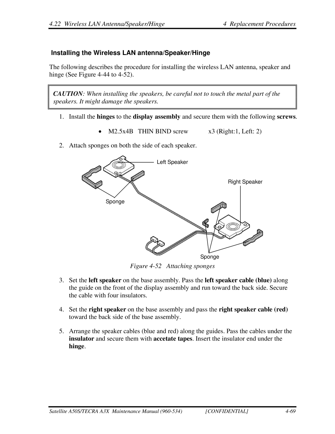 Toshiba A3X manual Installing the Wireless LAN antenna/Speaker/Hinge, Attaching sponges 