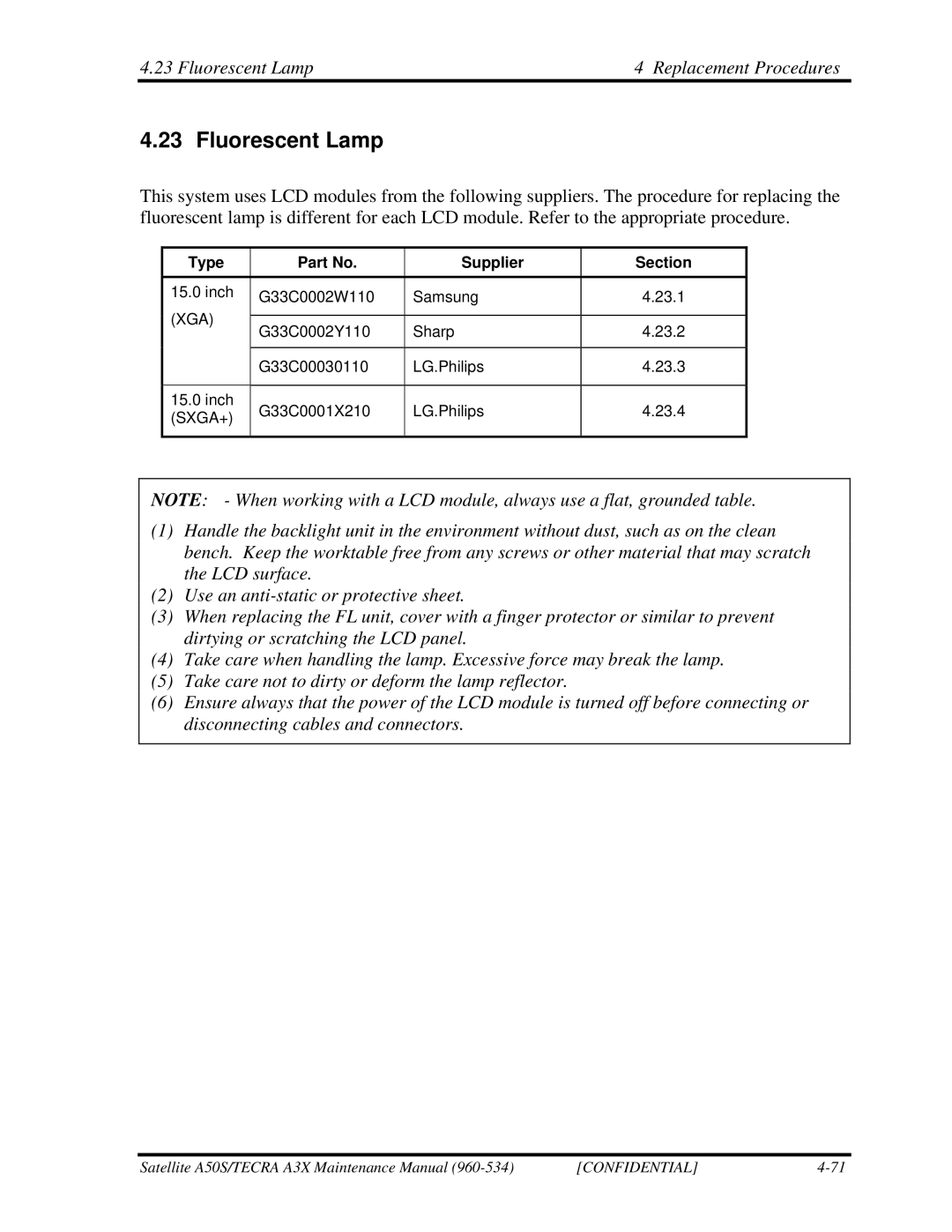 Toshiba A3X manual Fluorescent Lamp Replacement Procedures, Type Supplier Section 